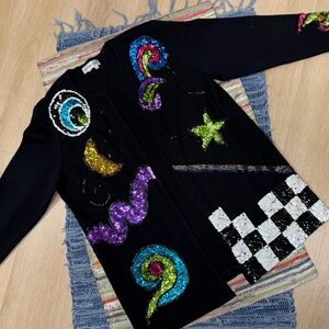 VTG 80’s Outlander Black colorful Sequins detail Women's Sweater Cardigan 1X
